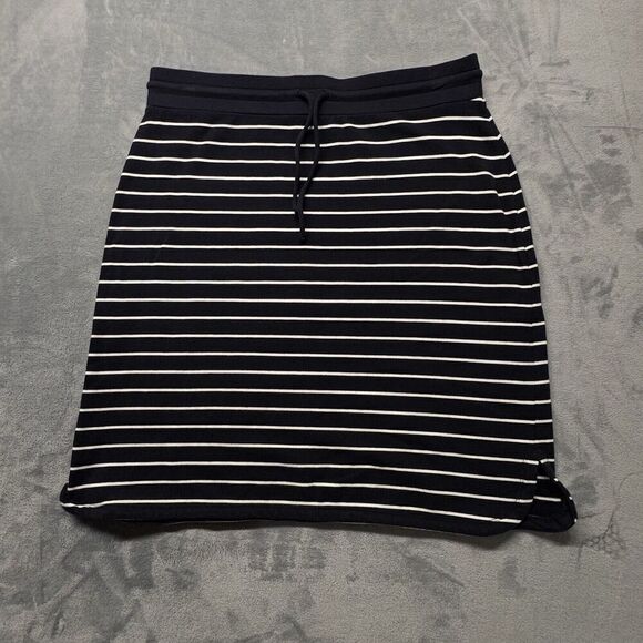 Talbots Sz M Skirt Navy White Stretch Knit Drawstring Slits Pull On Cotton Blend - Picture 2 of 10